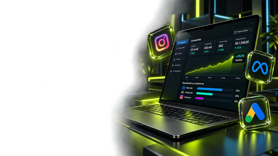 Notebook exibindo painel de campanhas com gráfico de crescimento, cercado pelos ícones do Instagram, Meta e Google Ads