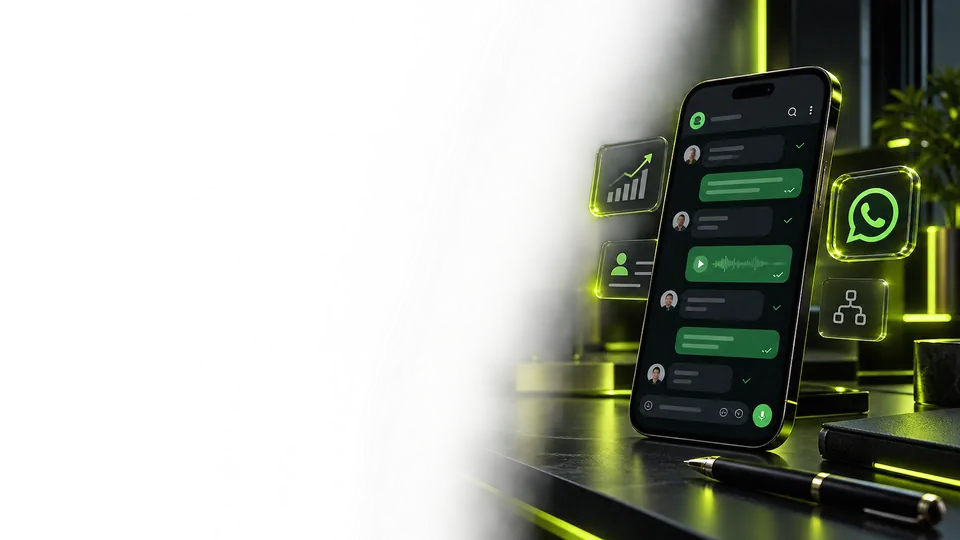 Smartphone com conversa de mensagens, cercado por ícones do WhatsApp e de crescimento